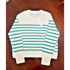 OGD One Grey Day Sloane Stripe CASHMERE Luxurious Sweater CREME GREEN SZ LARGE